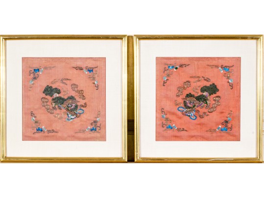 Pair Of Chinese Silk Embroideries, Foo Dogs