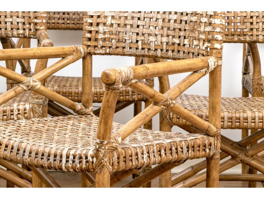 Vintage Set Of Six Bamboo, Rattan And Woven Leather Strapped Armchairs Probably Mcguire
