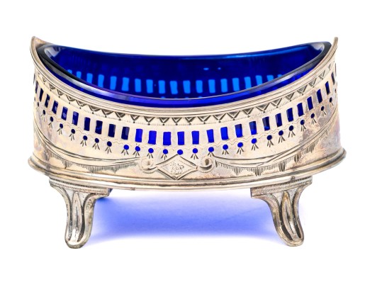 English Sterling Silver Salt Cellar With Cobalt Glass Liner, 1.495 Ozt.
