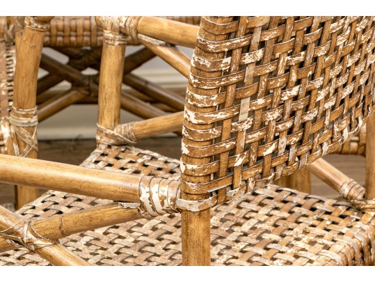 Vintage Set Of Six Bamboo, Rattan And Woven Leather Strapped Armchairs Probably Mcguire