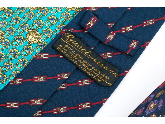 Set Of Four Quality Silk Men's Ties Including Versace, Gucci, Dunhill.