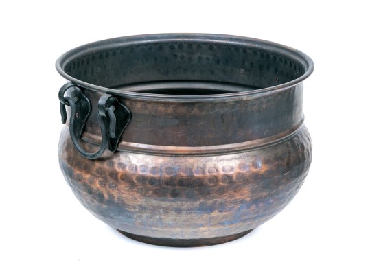 Large Hammered Copper Cauldron With Iron Handles