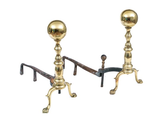 Pair Of Brass And Iron Cannonball Andirons
