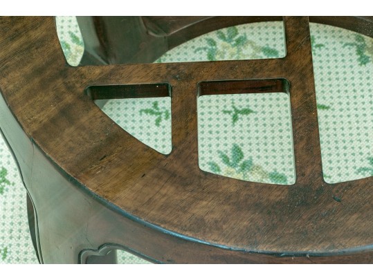 Chinoiserie Glass Top Openwork Mahogany Drum Table, Likely Henredon