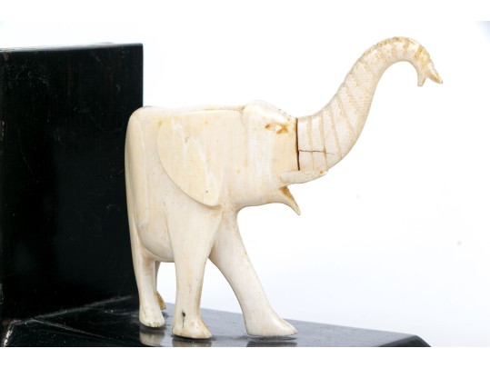 Pair Of Ebony And Carved Bone Elephant Form Bookends