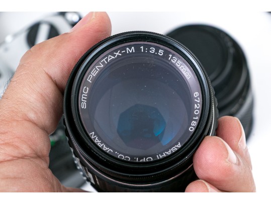 Pentax MX And Fujica ST605 Cameras, Two Lenses, And Binoculars