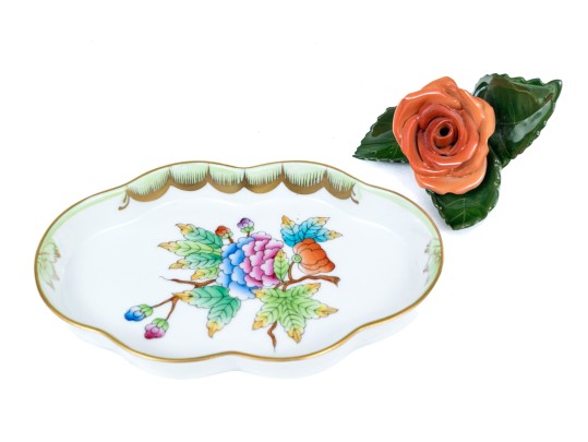 Hungarian Herend Hand-Painted Porcelain Dish And Flower Place Card Holder