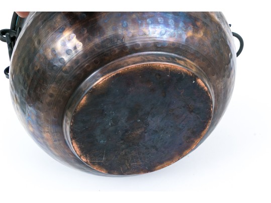 Large Hammered Copper Cauldron With Iron Handles