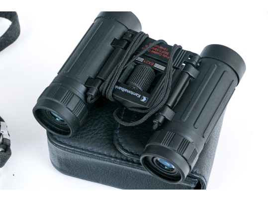 Pentax MX And Fujica ST605 Cameras, Two Lenses, And Binoculars