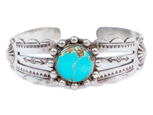 Child Sized Sterling Silver And Turquoise Cuff Bracelet, 0.565 Gross Ozt.