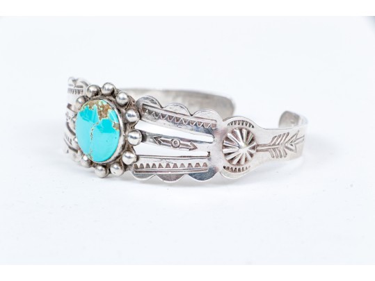 Child Sized Sterling Silver And Turquoise Cuff Bracelet, 0.565 Gross Ozt.