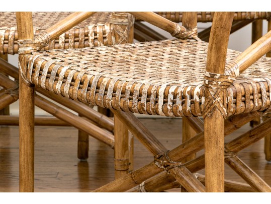 Vintage Set Of Six Bamboo, Rattan And Woven Leather Strapped Armchairs Probably Mcguire