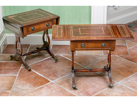 Pair Of Mahogany Lyre Motif Drop Leaf End Tables