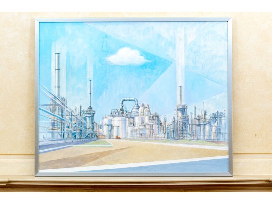 Large Signed Painting On Canvas, Industrial Complex, 1976