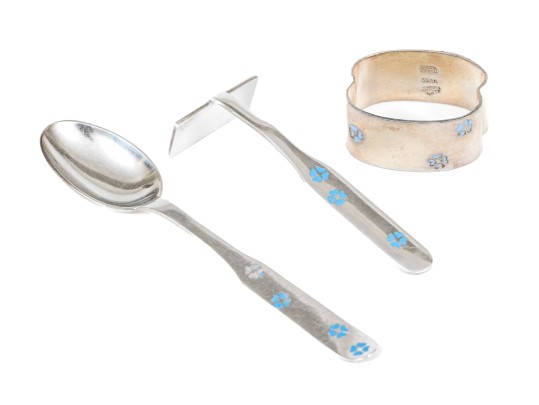 Anton Michelsen (Danish, 1809-1877) Three Piece Sterling Silver And Enamel Utensils, 1.66 Gross Ozt.