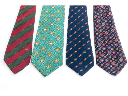 Set Of Four Quality Silk Men's Ties Including Versace, Gucci, Dunhill.