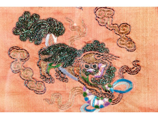 Pair Of Chinese Silk Embroideries, Foo Dogs