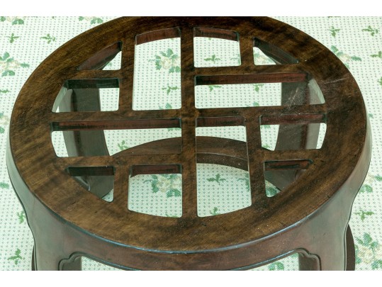 Chinoiserie Glass Top Openwork Mahogany Drum Table, Likely Henredon