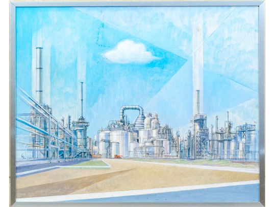 Large Signed Painting On Canvas, Industrial Complex, 1976