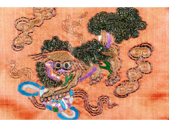 Pair Of Chinese Silk Embroideries, Foo Dogs