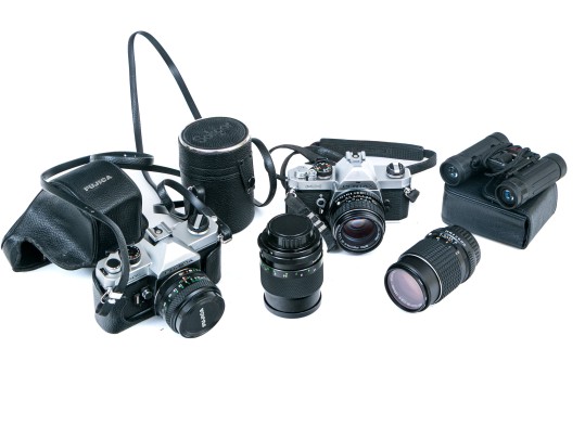 Pentax MX And Fujica ST605 Cameras, Two Lenses, And Binoculars