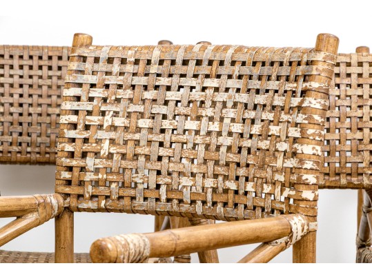 Vintage Set Of Six Bamboo, Rattan And Woven Leather Strapped Armchairs Probably Mcguire