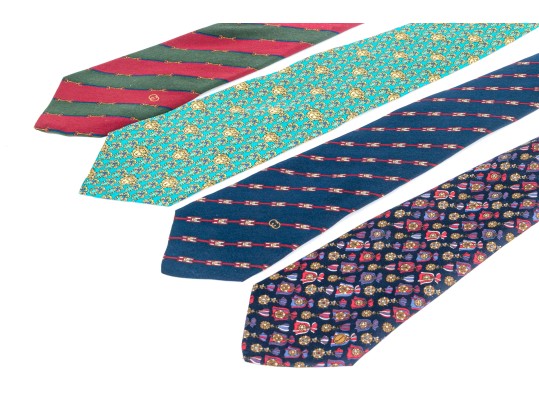 Set Of Four Quality Silk Men's Ties Including Versace, Gucci, Dunhill.