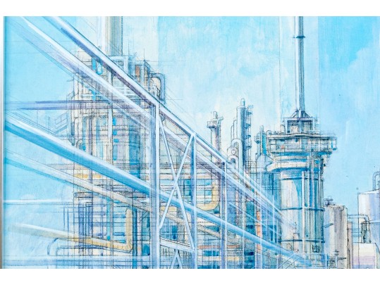Large Signed Painting On Canvas, Industrial Complex, 1976