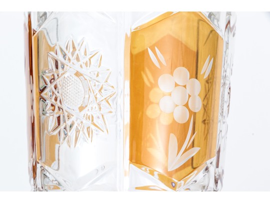 Cut Crystal Footed Vase With Amber Tinted Decoration