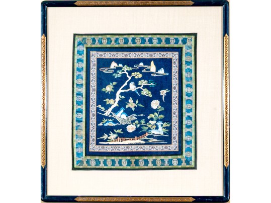 Chinese Silk Embroidery, Bird On Tree In Blue