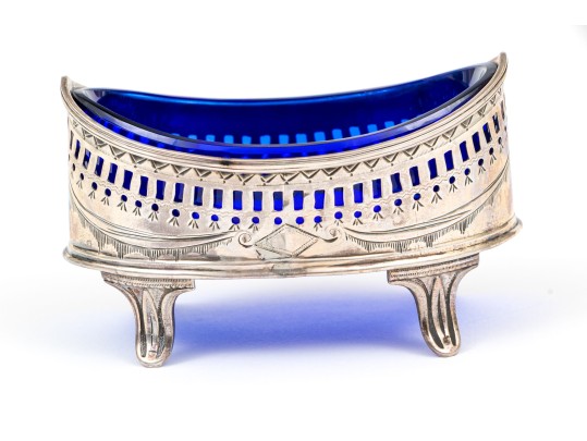 English Sterling Silver Salt Cellar With Cobalt Glass Liner, 1.495 Ozt.