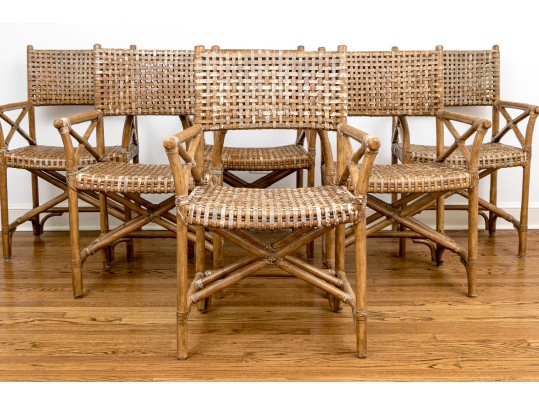 Vintage Set Of Six Bamboo, Rattan And Woven Leather Strapped Armchairs Probably Mcguire
