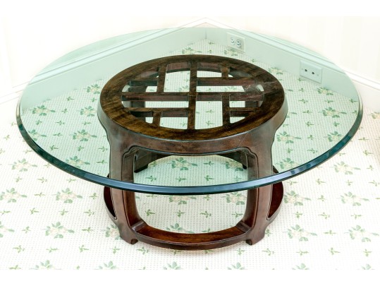 Chinoiserie Glass Top Openwork Mahogany Drum Table, Likely Henredon
