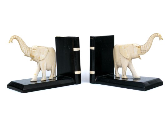 Pair Of Ebony And Carved Bone Elephant Form Bookends