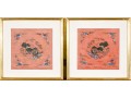 Pair Of Chinese Silk Embroideries, Foo Dogs