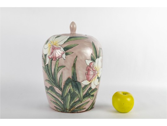 Hand-Painted Orchid Motif Ceramic Lidded Jar