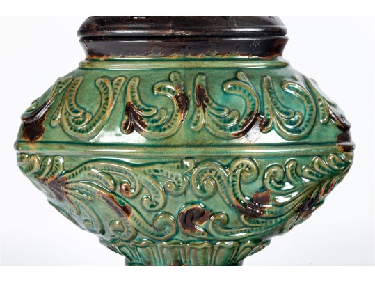 Vintage Green Glazed Majolica-Style Covered Urn