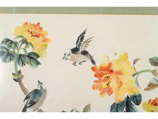 Framed Chinese Watercolor Painting Of Peonies And Birds