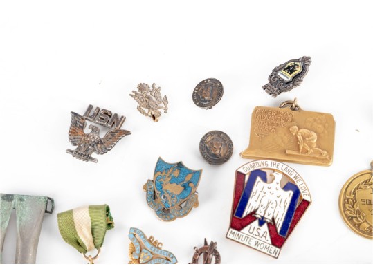 Collection Of Military, Service & Commemorative Pins, Medals & Buttons