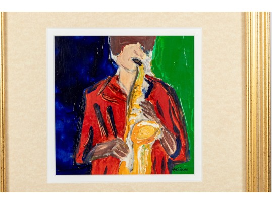 Saxophone Player — Oil On Board, Signed “Akinom”