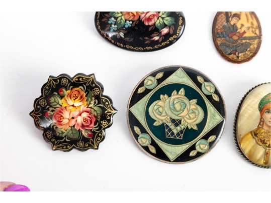 Collection Of Hand-Painted Brooches, Pendants & Earrings (9 Pieces)