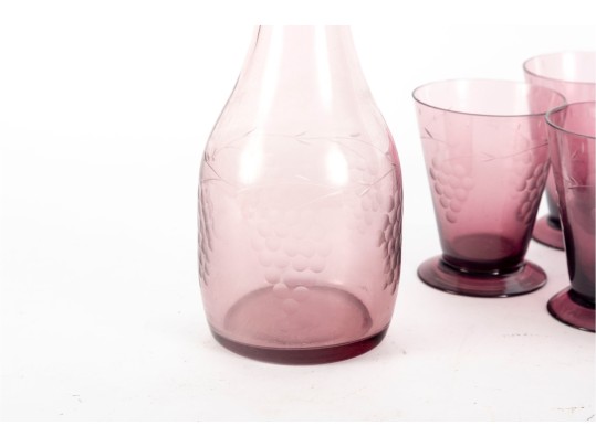 Set Of Amethyst Etched Glass Decanter And Eight Cordials