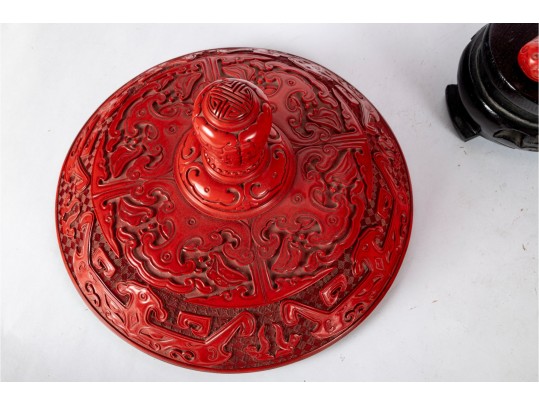 Chinese Cinnabar Lacquer Lidded Tripod Censer On Stand