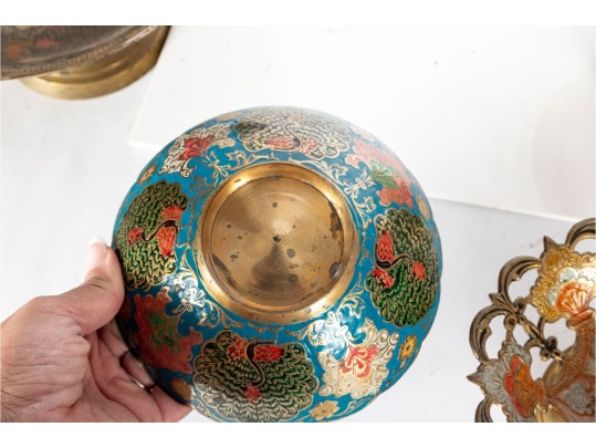 Group Of Vintage Indian Brass And Enameled Decorative Bowls