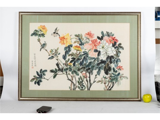 Framed Chinese Watercolor Painting Of Peonies And Birds