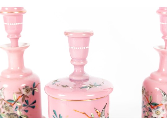 Set Of Two Pink Opaline Glass Candlestick Holders And Capsule