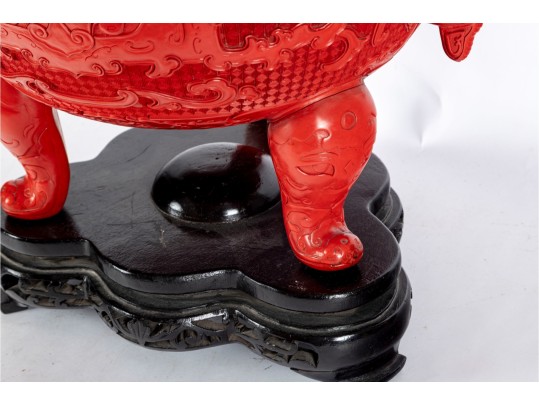 Chinese Cinnabar Lacquer Lidded Tripod Censer On Stand