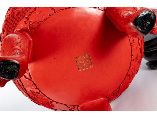 Chinese Cinnabar Lacquer Lidded Tripod Censer On Stand