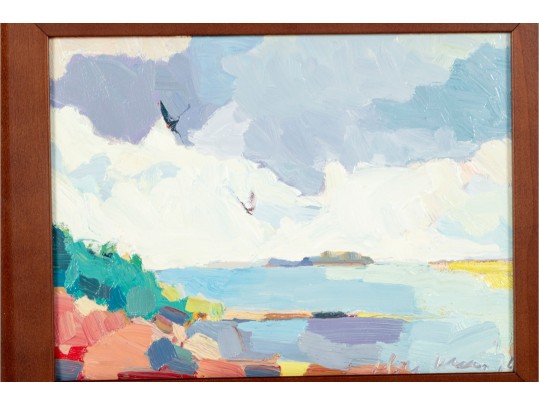 Abstract Landscape With Birds — Acrylic On Canvas, Indistinctly Signed