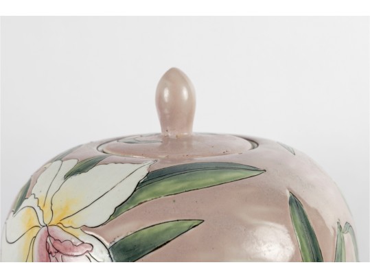 Hand-Painted Orchid Motif Ceramic Lidded Jar
